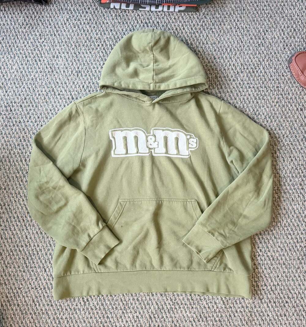 Authentic M&M's Olive Green Graphic Logo Pullover Hoodie Size Large